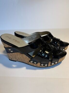 Me Too Black Patent Cork Wedge Slide Sandals, Sz 9 but fit smaller.